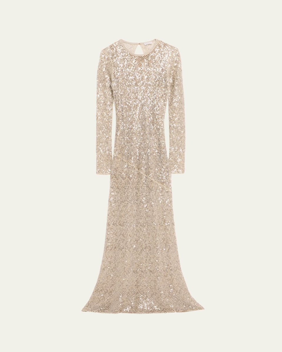 Paillette Net Knit Long-Sleeve Maxi Dress